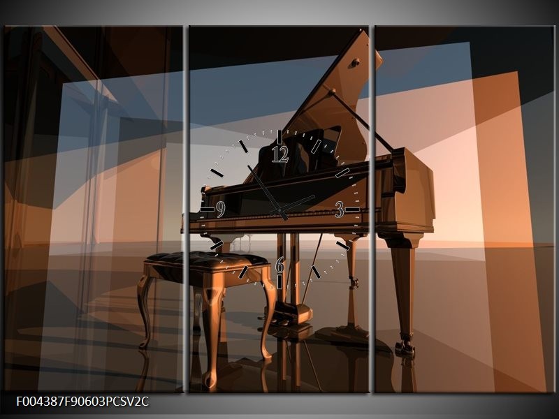 Klok schilderij Piano | Bruin, Grijs | 90x60cm 3Luik