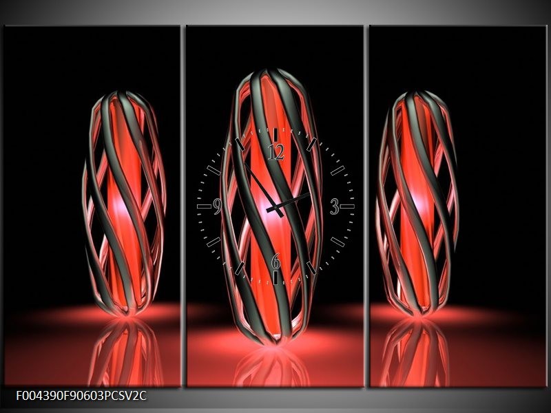 Klok schilderij Design | Rood, Zwart | 90x60cm 3Luik