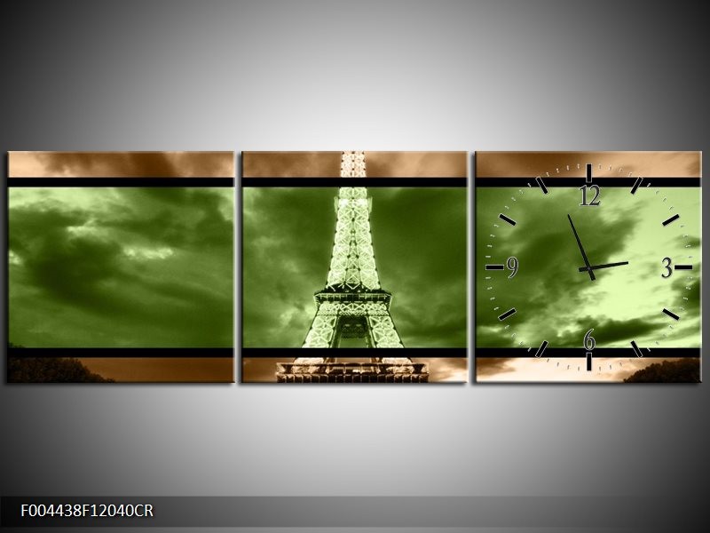 Klok schilderij Parijs | Groen, Bruin | 120x40cm 3Luik