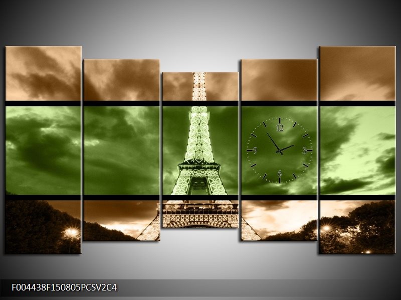 Klok schilderij Parijs | Groen, Bruin | 150x80cm 5Luik