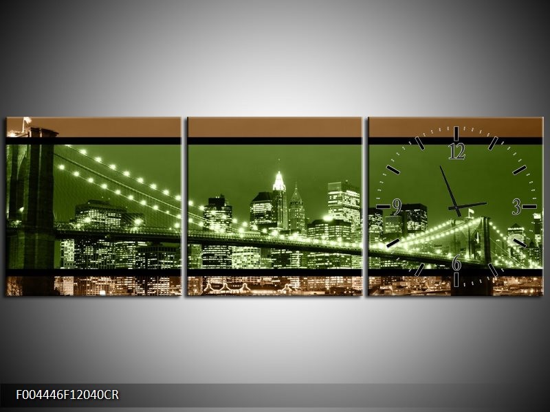 Klok schilderij Brug | Groen, Bruin, Zwart | 120x40cm 3Luik