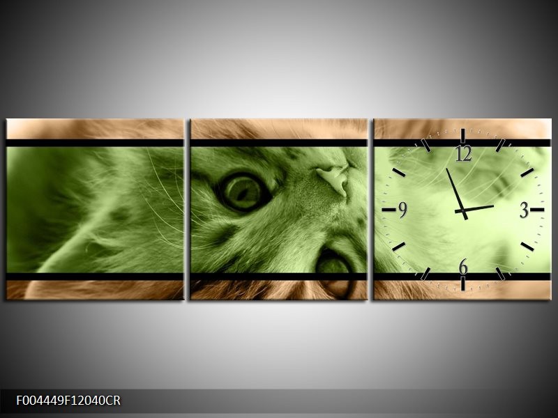 Klok schilderij Kat | Groen, Bruin | 120x40cm 3Luik