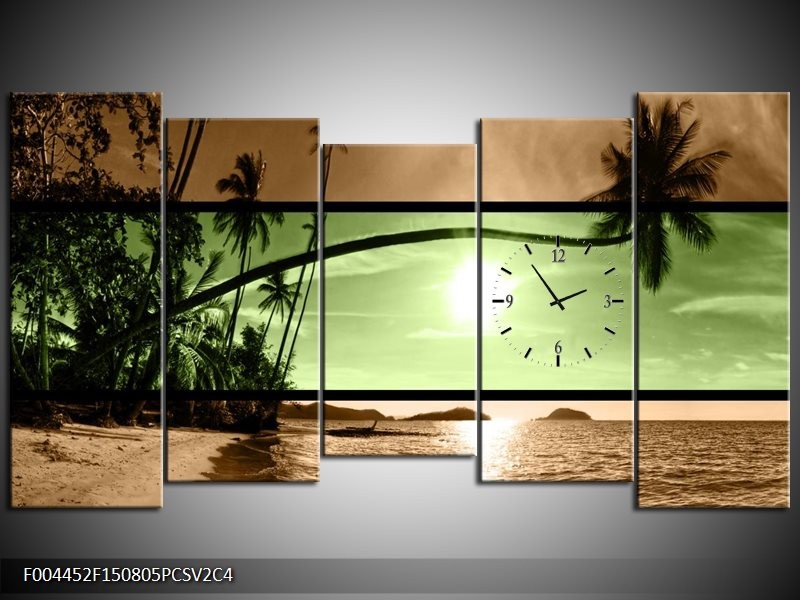 Klok schilderij Strand | Groen, Bruin, Zwart | 150x80cm 5Luik