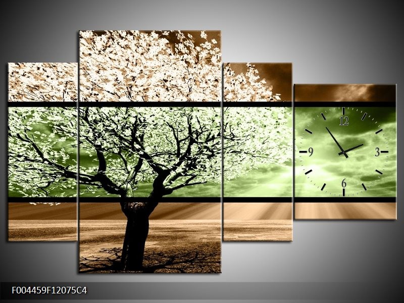 Klok schilderij Boom | Bruin, Groen, Zwart | 120x75cm 4Luik