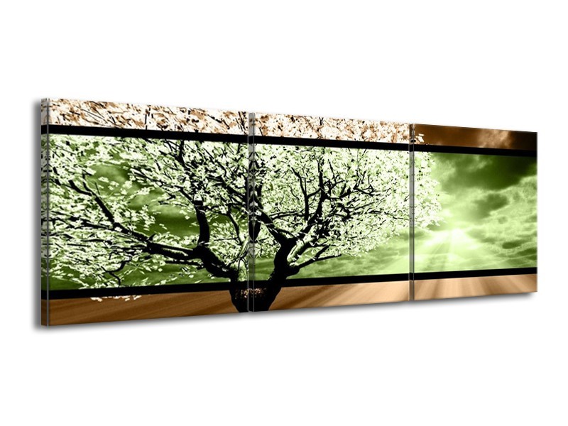 Canvas schilderij Boom | Bruin, Groen, Zwart | 150x50cm 3Luik