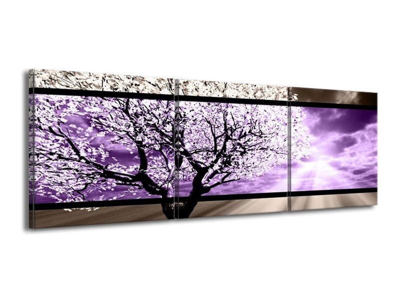 Canvas schilderij Boom | Paars, Groen, Zwart | 150x50cm 3Luik