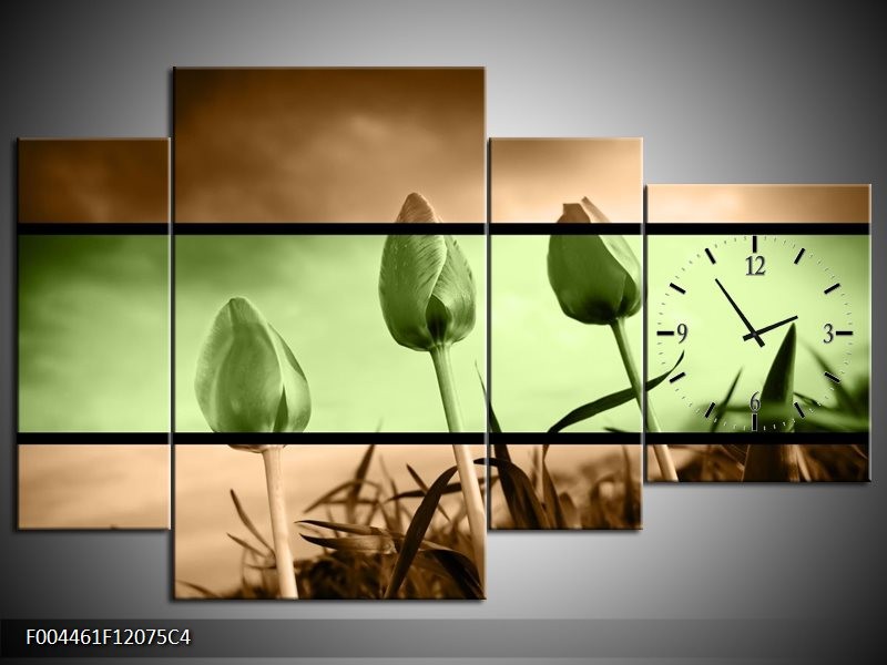 Klok schilderij Tulp | Groen, Bruin | 120x75cm 4Luik