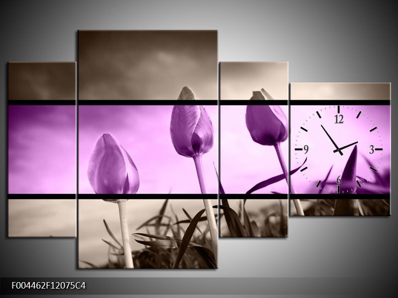 Klok schilderij Tulp | Paars, Grijs, Zwart | 120x75cm 4Luik