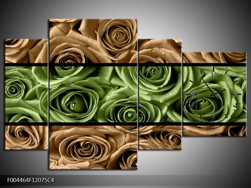Klok schilderij Roos | Groen, Bruin, Zwart | 120x75cm 4Luik