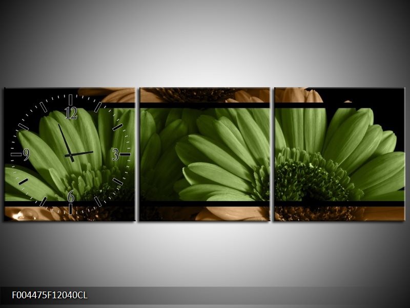 Klok schilderij Bloem | Groen, Bruin | 120x40cm 3Luik