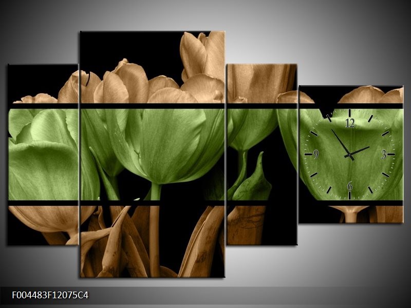Klok schilderij Tulp | Groen, Bruin, Zwart | 120x75cm 4Luik