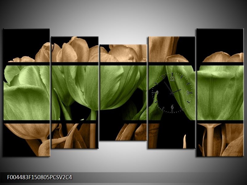 Klok schilderij Tulp | Groen, Bruin, Zwart | 150x80cm 5Luik