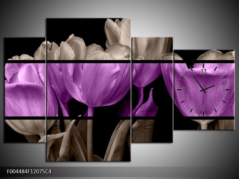 Klok schilderij Tulp | Paars, Grijs, Zwart | 120x75cm 4Luik