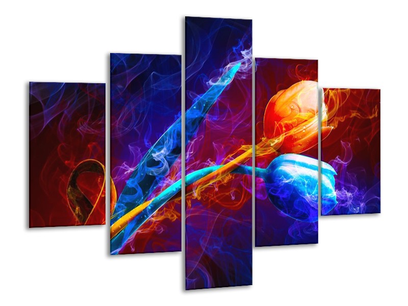Canvas schilderij Tulp | Blauw, Rood, Oranje | 100x70cm 5Luik