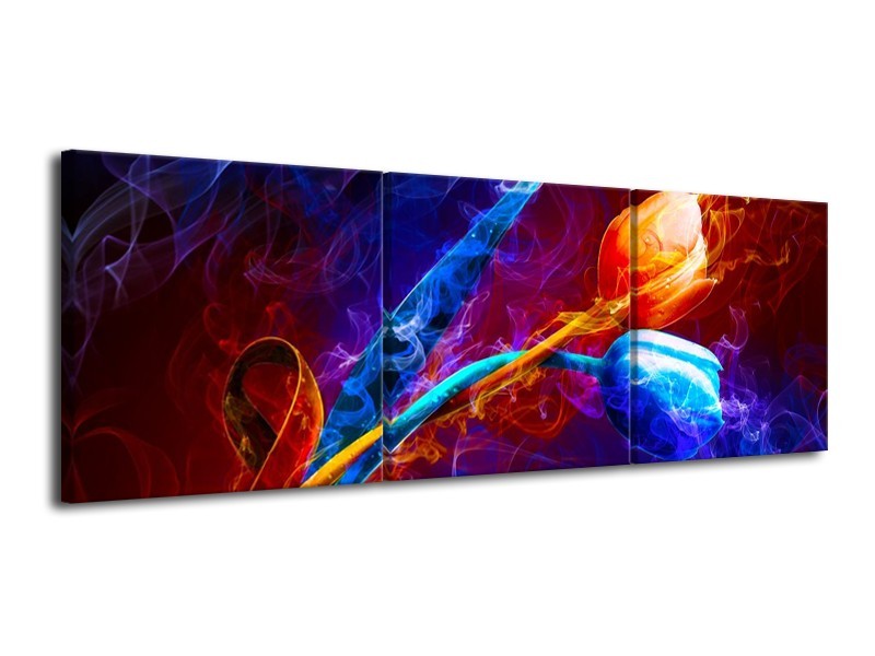 Canvas schilderij Tulp | Blauw, Rood, Oranje | 120x40cm 3Luik