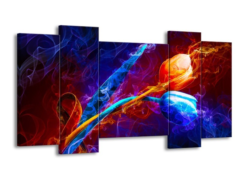 Canvas schilderij Tulp | Blauw, Rood, Oranje | 120x65 5Luik