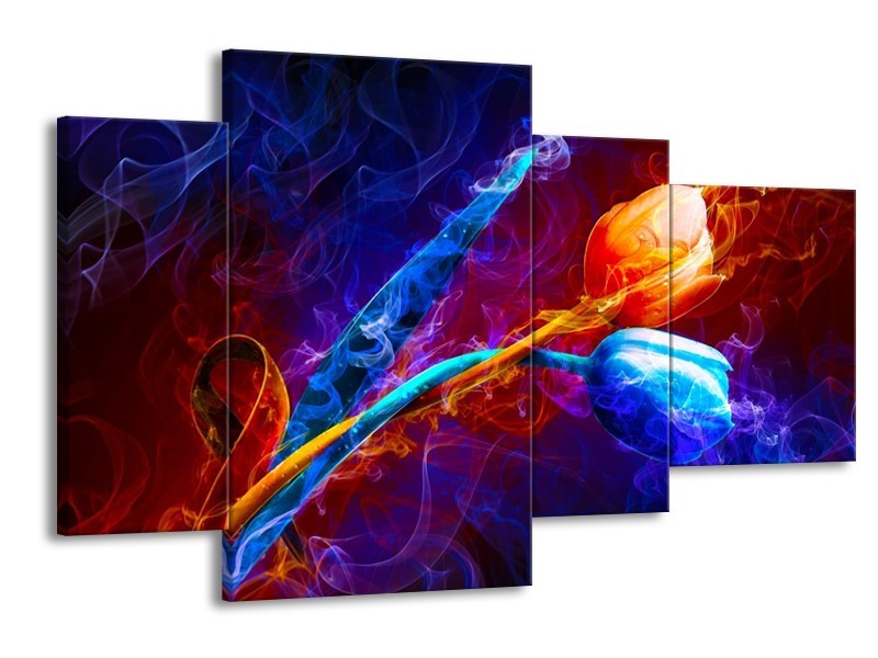 Canvas schilderij Tulp | Blauw, Rood, Oranje | 120x75cm 4Luik