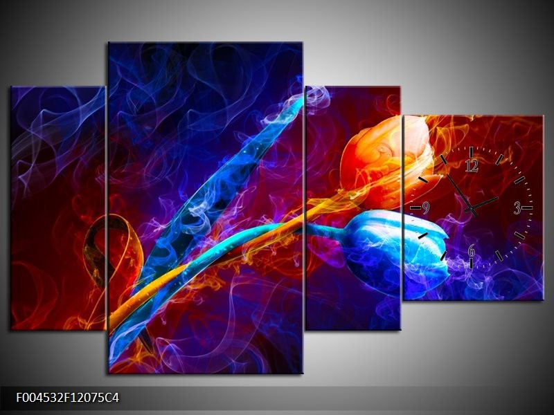 Klok schilderij Tulp | Blauw, Rood, Oranje | 120x75cm 4Luik