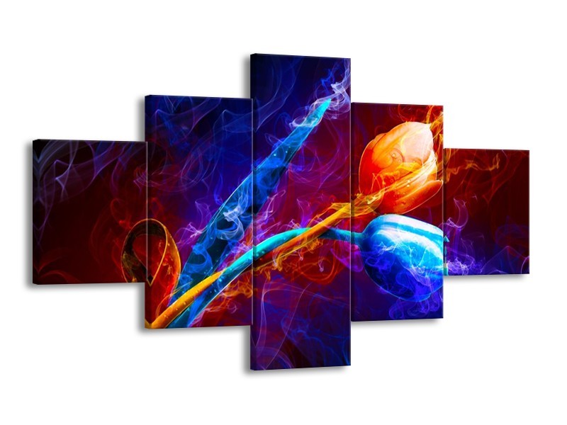 Canvas schilderij Tulp | Blauw, Rood, Oranje | 125x70cm 5Luik