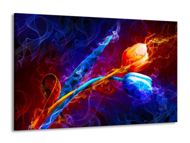 Canvas schilderij Tulp | Blauw, Rood, Oranje | 140x90cm 1Luik