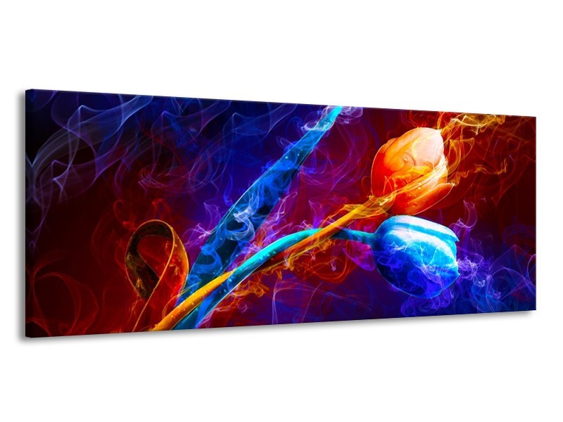 Glas schilderij Tulp | Blauw, Rood, Oranje | 145x58cm 1Luik