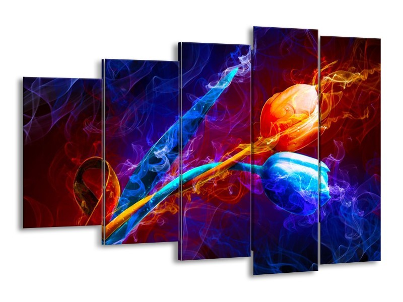Canvas schilderij Tulp | Blauw, Rood, Oranje | 150x100cm 5Luik