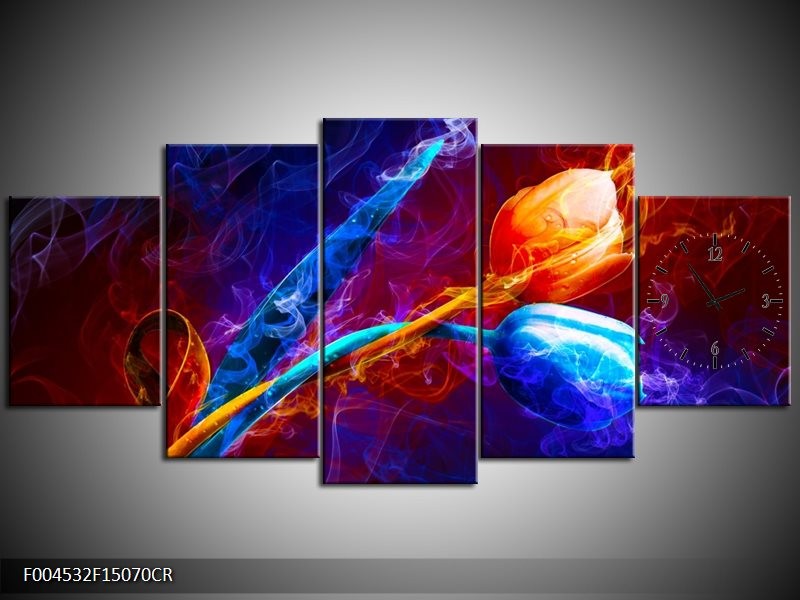 Klok schilderij Tulp | Blauw, Rood, Oranje | 150x70cm 5Luik