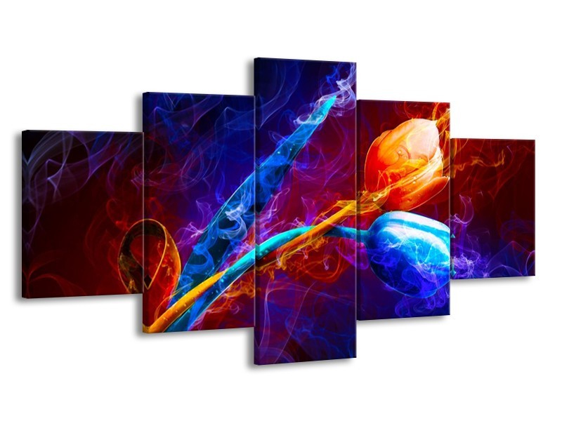 Canvas schilderij Tulp | Blauw, Rood, Oranje | 150x80cm 5Luik