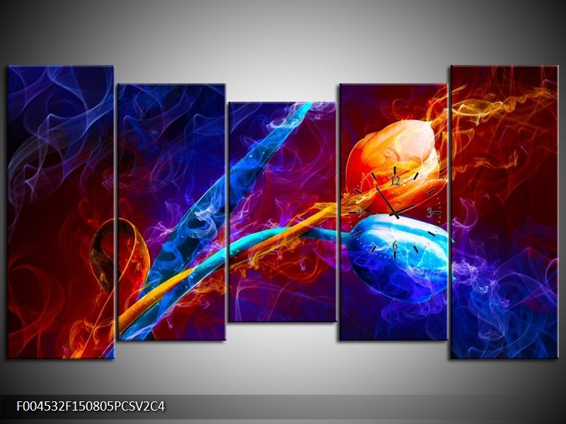 Klok schilderij Tulp | Blauw, Rood, Oranje | 150x80cm 5Luik