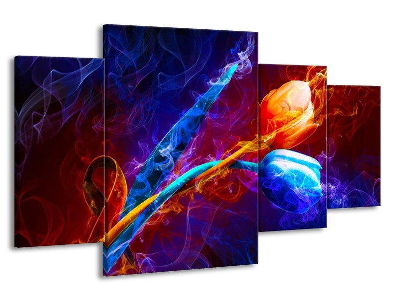 Canvas schilderij Tulp | Blauw, Rood, Oranje | 160x90cm 4Luik