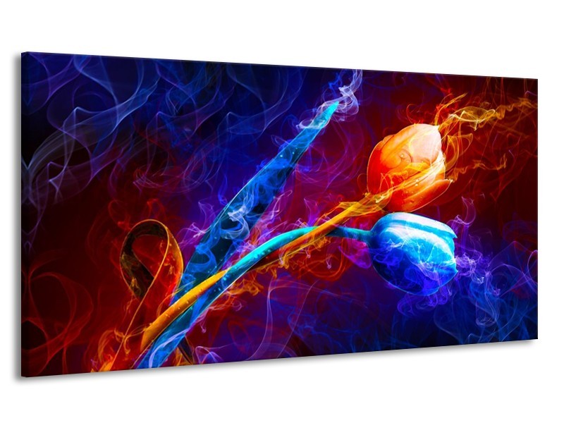 Canvas schilderij Tulp | Blauw, Rood, Oranje | 170x90cm 1Luik