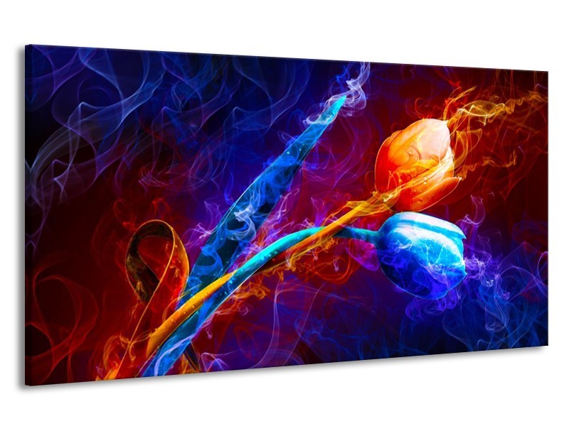 Canvas schilderij Tulp | Blauw, Rood, Oranje | 190x100cm 1Luik