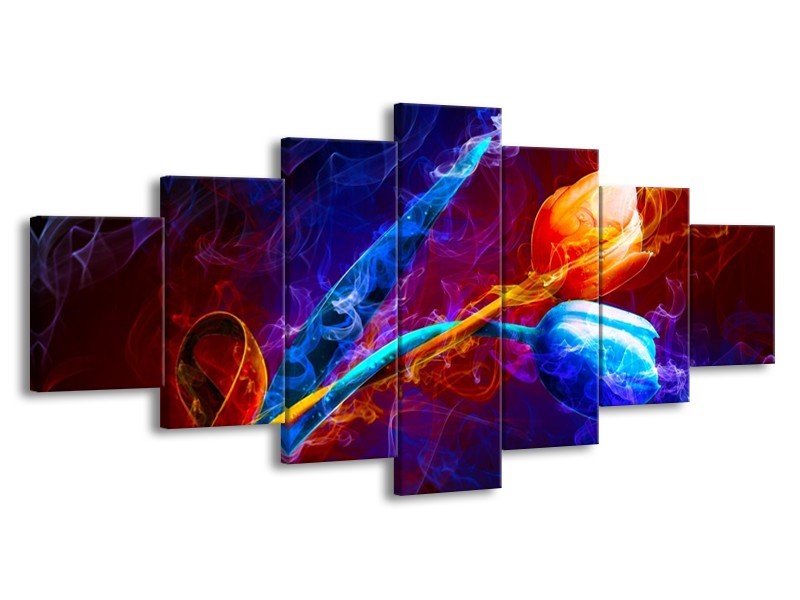 Canvas schilderij Tulp | Blauw, Rood, Oranje | 210x100cm 7Luik