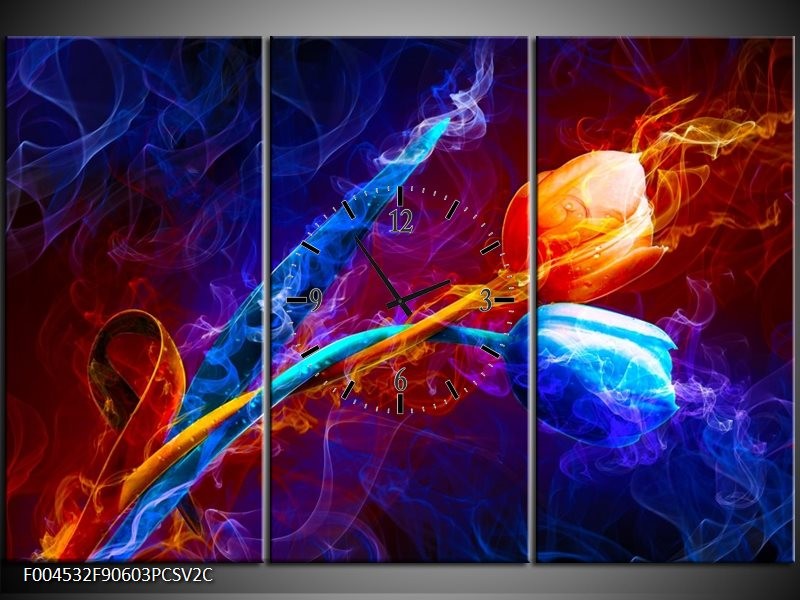 Klok schilderij Tulp | Blauw, Rood, Oranje | 90x60cm 3Luik