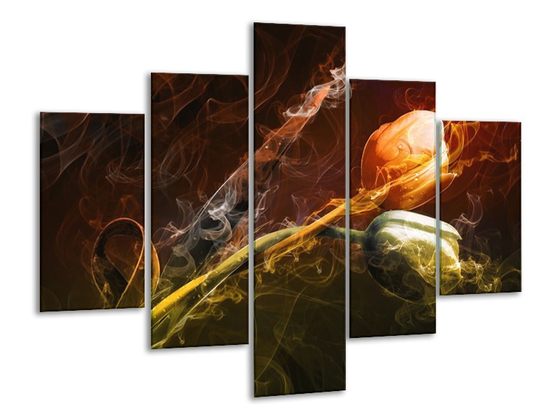 Canvas schilderij Tulp | Oranje, Groen, Geel | 100x70cm 5Luik