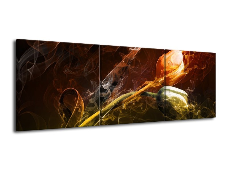 Canvas schilderij Tulp | Oranje, Groen, Geel | 120x40cm 3Luik