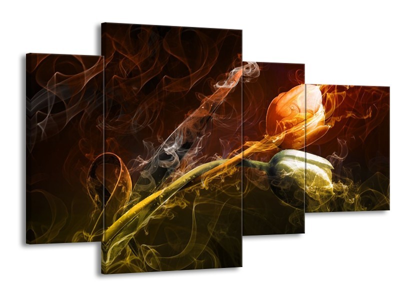 Canvas schilderij Tulp | Oranje, Groen, Geel | 120x75cm 4Luik