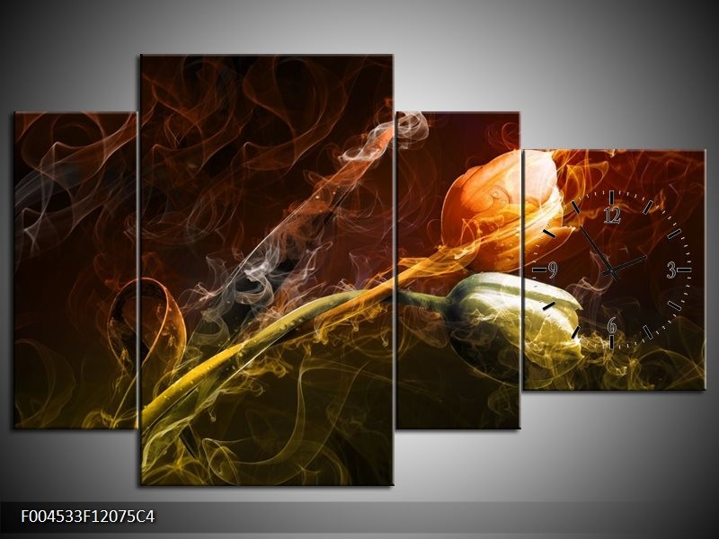 Klok schilderij Tulp | Oranje, Groen, Geel | 120x75cm 4Luik