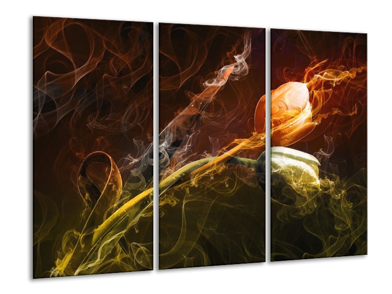 Canvas schilderij Tulp | Oranje, Groen, Geel | 120x80cm 3Luik