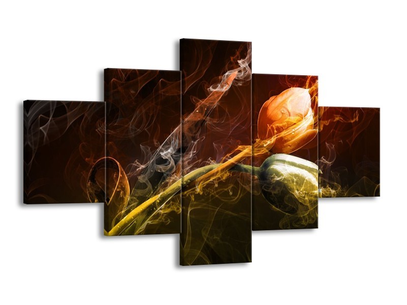 Canvas schilderij Tulp | Oranje, Groen, Geel | 125x70cm 5Luik