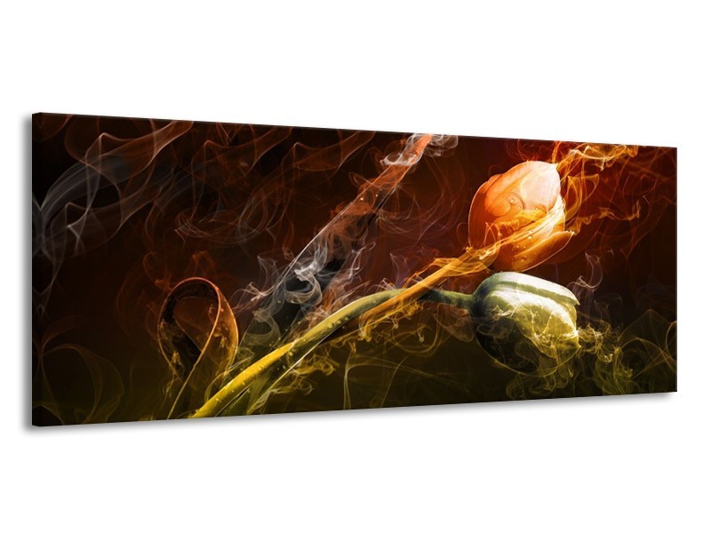 Canvas schilderij Tulp | Oranje, Groen, Geel | 145x58cm 1Luik