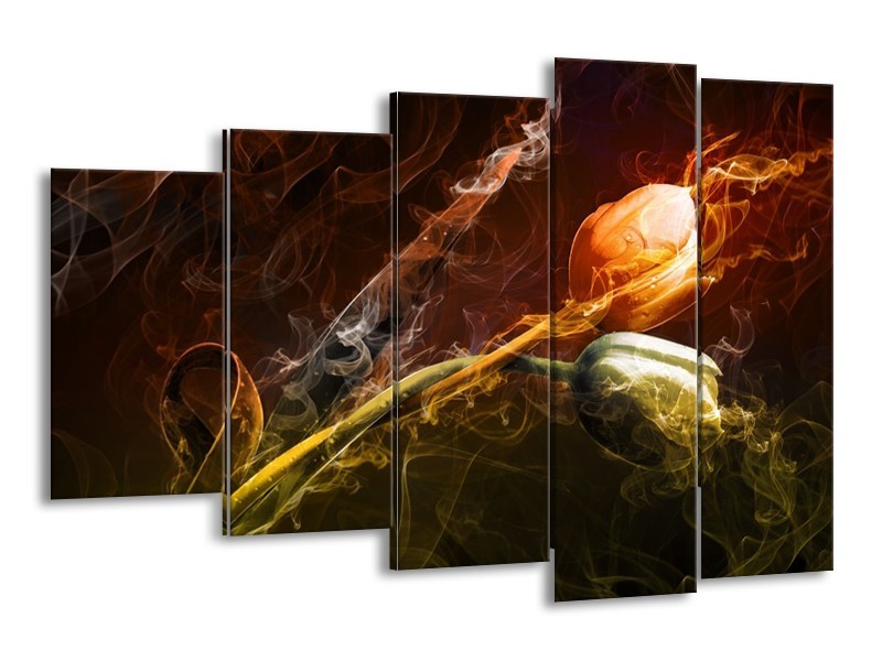 Canvas schilderij Tulp | Oranje, Groen, Geel | 150x100cm 5Luik