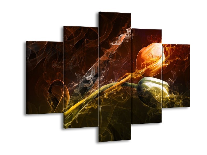 Canvas schilderij Tulp | Oranje, Groen, Geel | 150x105cm 5Luik