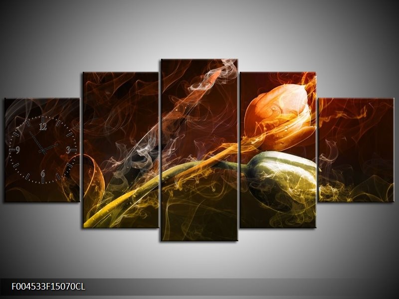 Klok schilderij Tulp | Oranje, Groen, Geel | 150x70cm 5Luik