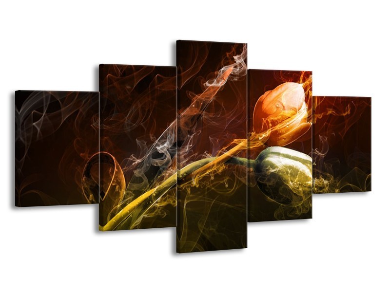 Canvas schilderij Tulp | Oranje, Groen, Geel | 150x80cm 5Luik