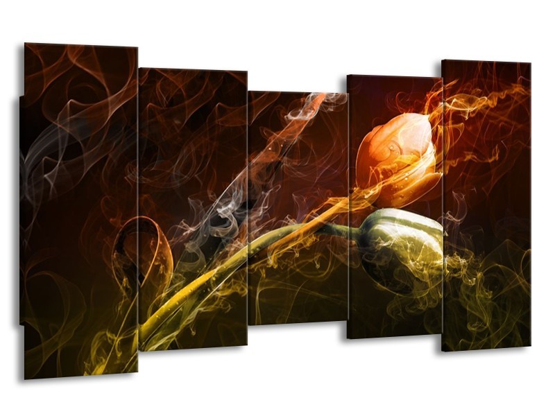 Canvas schilderij Tulp | Oranje, Groen, Geel | 150x80cm 5Luik