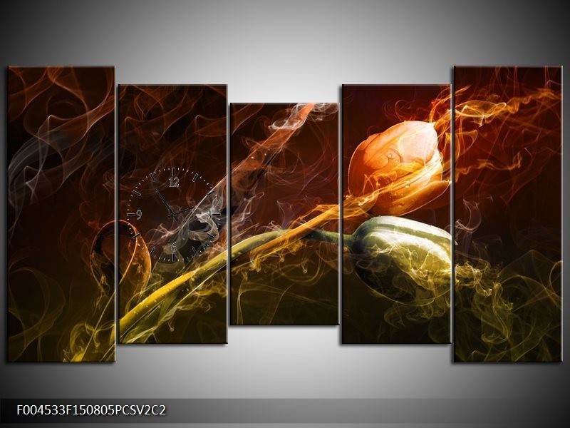 Klok schilderij Tulp | Oranje, Groen, Geel | 150x80cm 5Luik