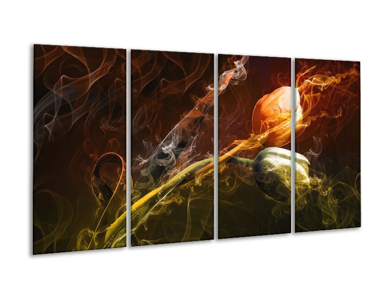 Canvas schilderij Tulp | Oranje, Groen, Geel | 160x80cm 4Luik