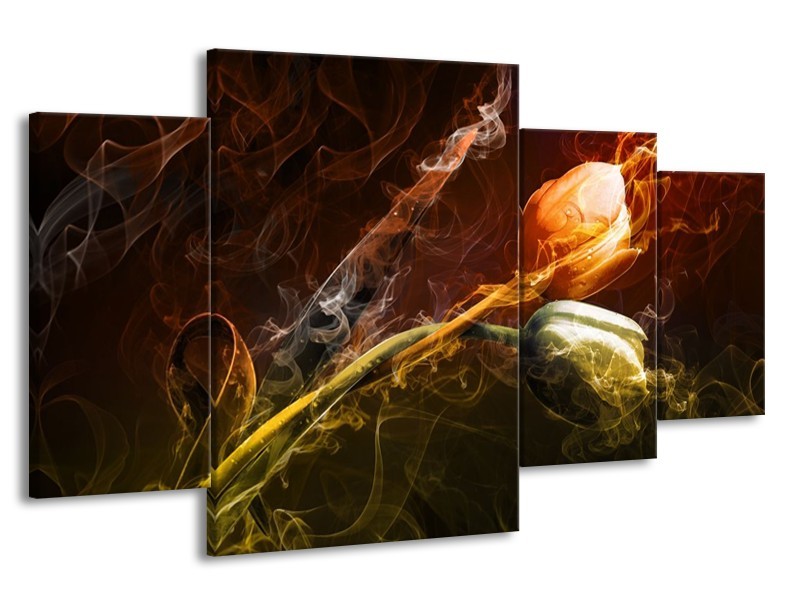 Canvas schilderij Tulp | Oranje, Groen, Geel | 160x90cm 4Luik