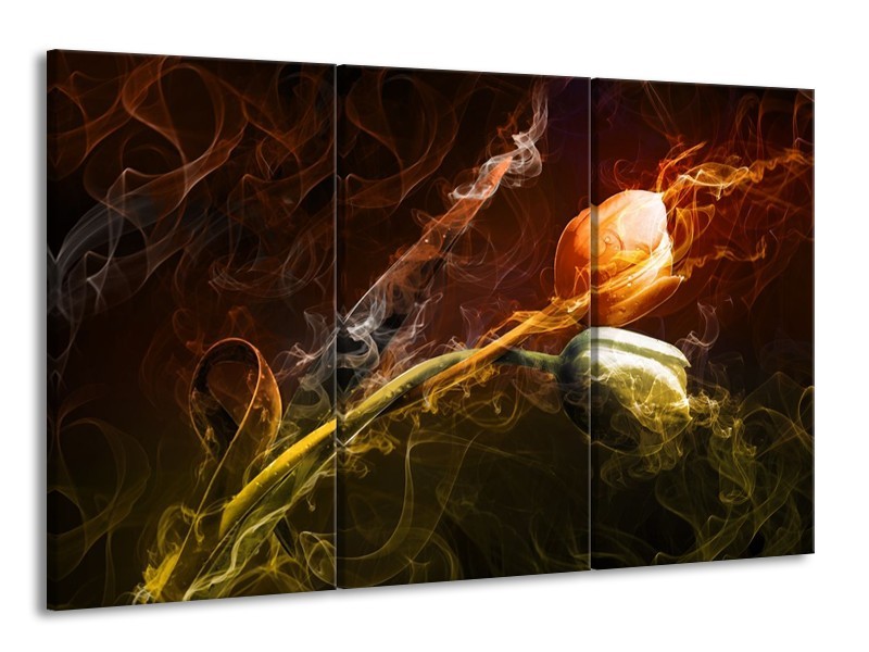 Canvas schilderij Tulp | Oranje, Groen, Geel | 165x100cm 3Luik